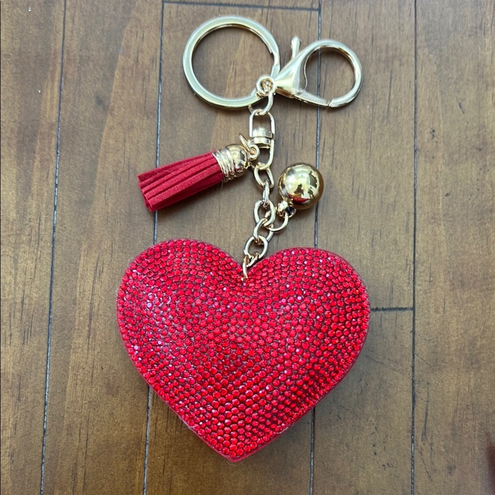 Red Heart Bag charm Keychain with Gold Accents
